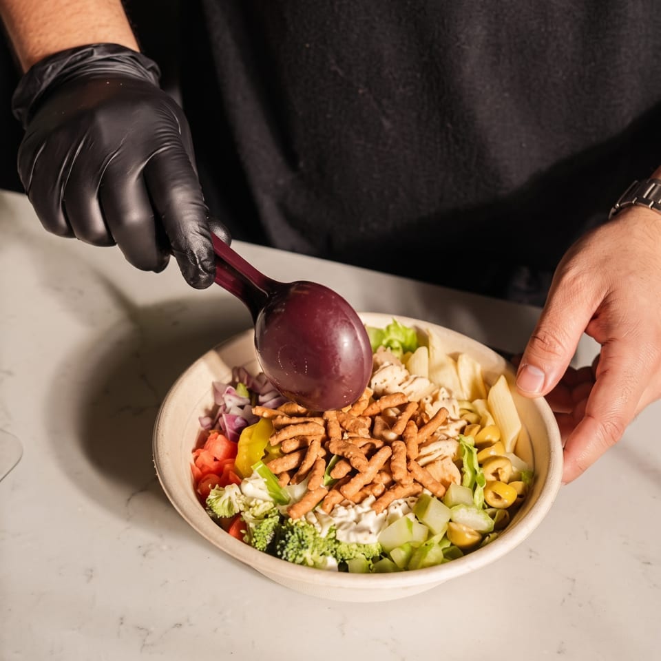 Gloved hands preparing a colorful salad bowl with various toppings, including pasta, olives, and crispy noodles.