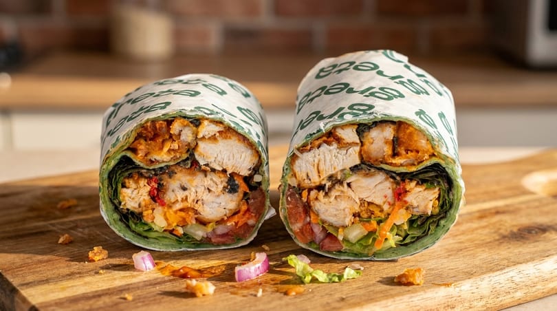 Two halves of a chicken wrap, filled with lettuce, vegetables, and sauce, on a wooden board.