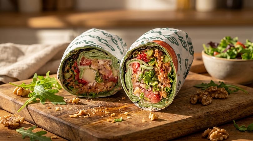 Two vibrant green wraps, filled with fresh ingredients, on a wooden board with walnuts and salad.
