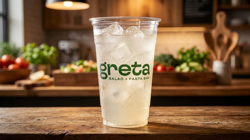 Greta Salad + Pasta Bar drink with ice on a wooden table, with fresh ingredients in the background.