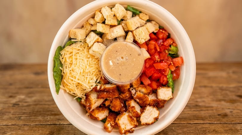 A Caesar salad with crispy chicken, croutons, shredded cheese, diced tomatoes, and dressing.