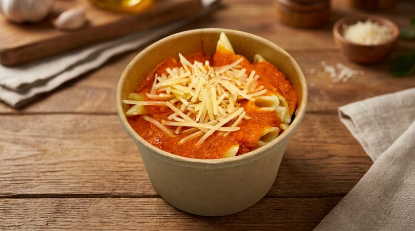 Penne pasta with red sauce and shredded cheese in a brown paper bowl on a wooden table.